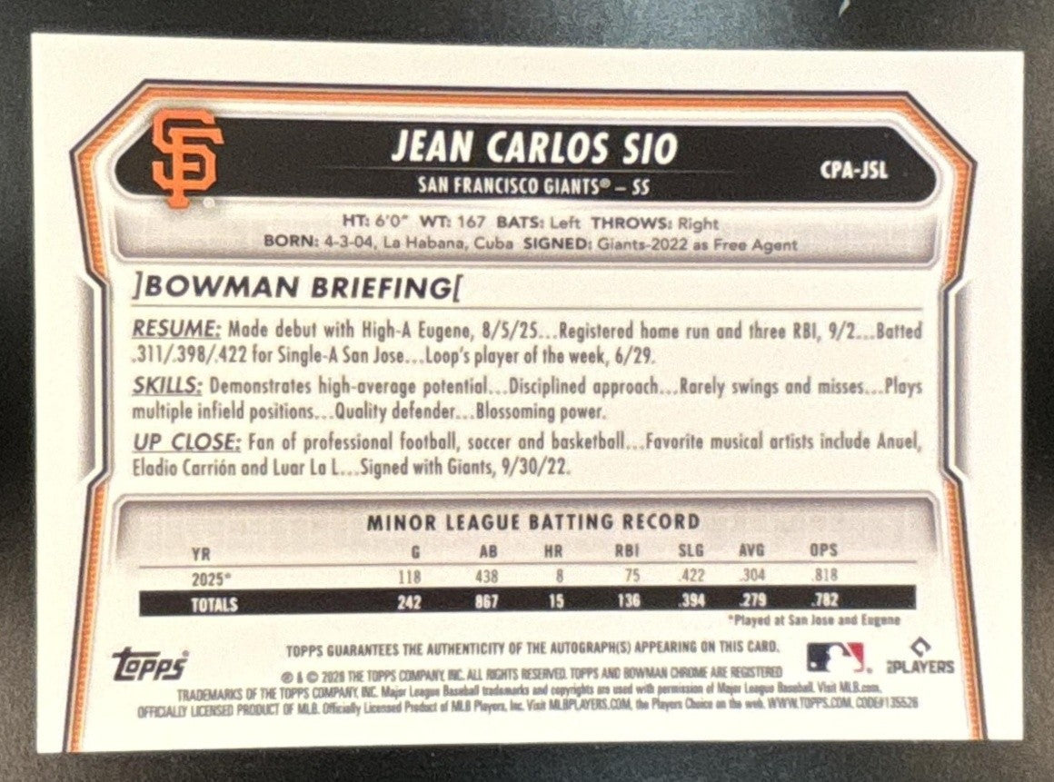 2026 Bowman Jean Carlos Sio Chrome Auto Green Shimmer /99 1st Prospect Giants - Sports Cards