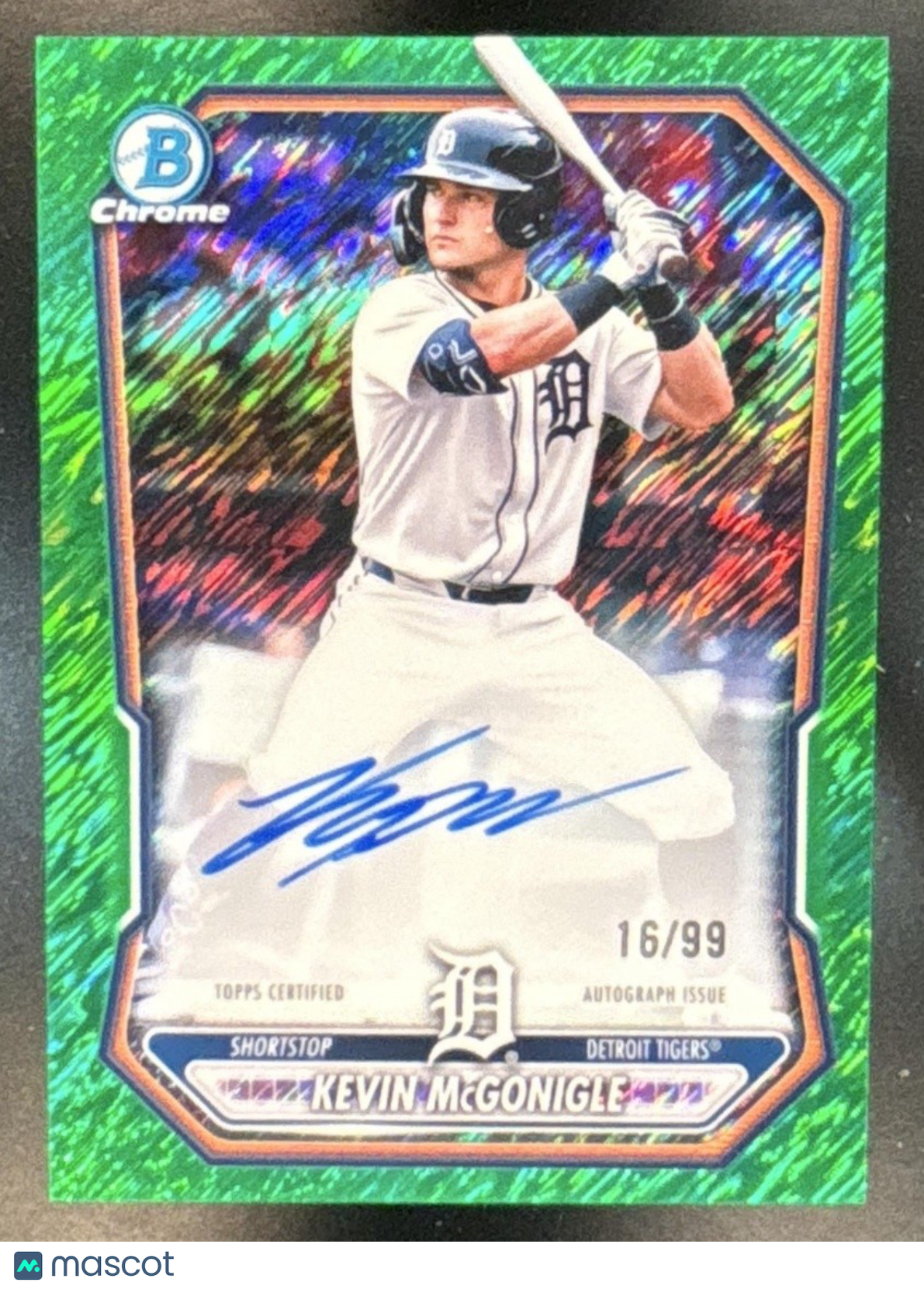2026 Bowman Kevin McGonigle Chrome Prospect Auto Green Shimmer /99 Tigers - Sports Cards