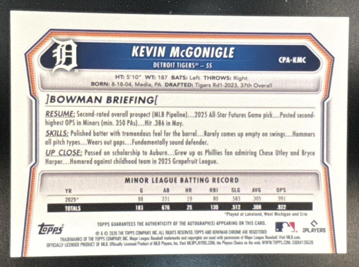 2026 Bowman Kevin McGonigle Chrome Prospect Auto Green Shimmer /99 Tigers - Sports Cards