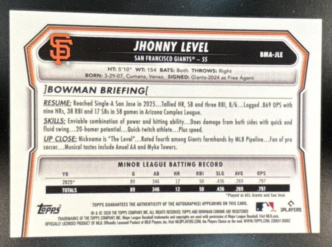 2026 Bowman Mega Box Jhonny Level Chrome Prospect Auto Blue Mojo /150 Giants - Sports Cards