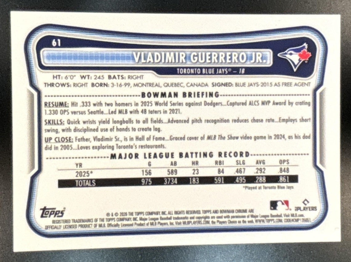 2026 Bowman Mega Box Vladimir Guerrero Jr. Chrome Gold Mojo /50 #61 Blue Jays - Sports Cards