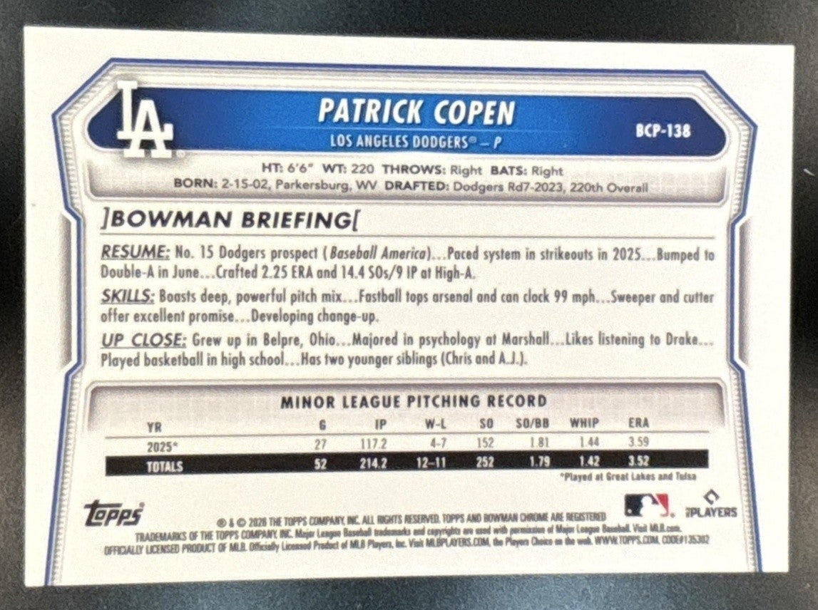 2026 Bowman Prospects Chrome Orange /25 Patrick Copen #BCP-138 1st Prospect - Sports Cards