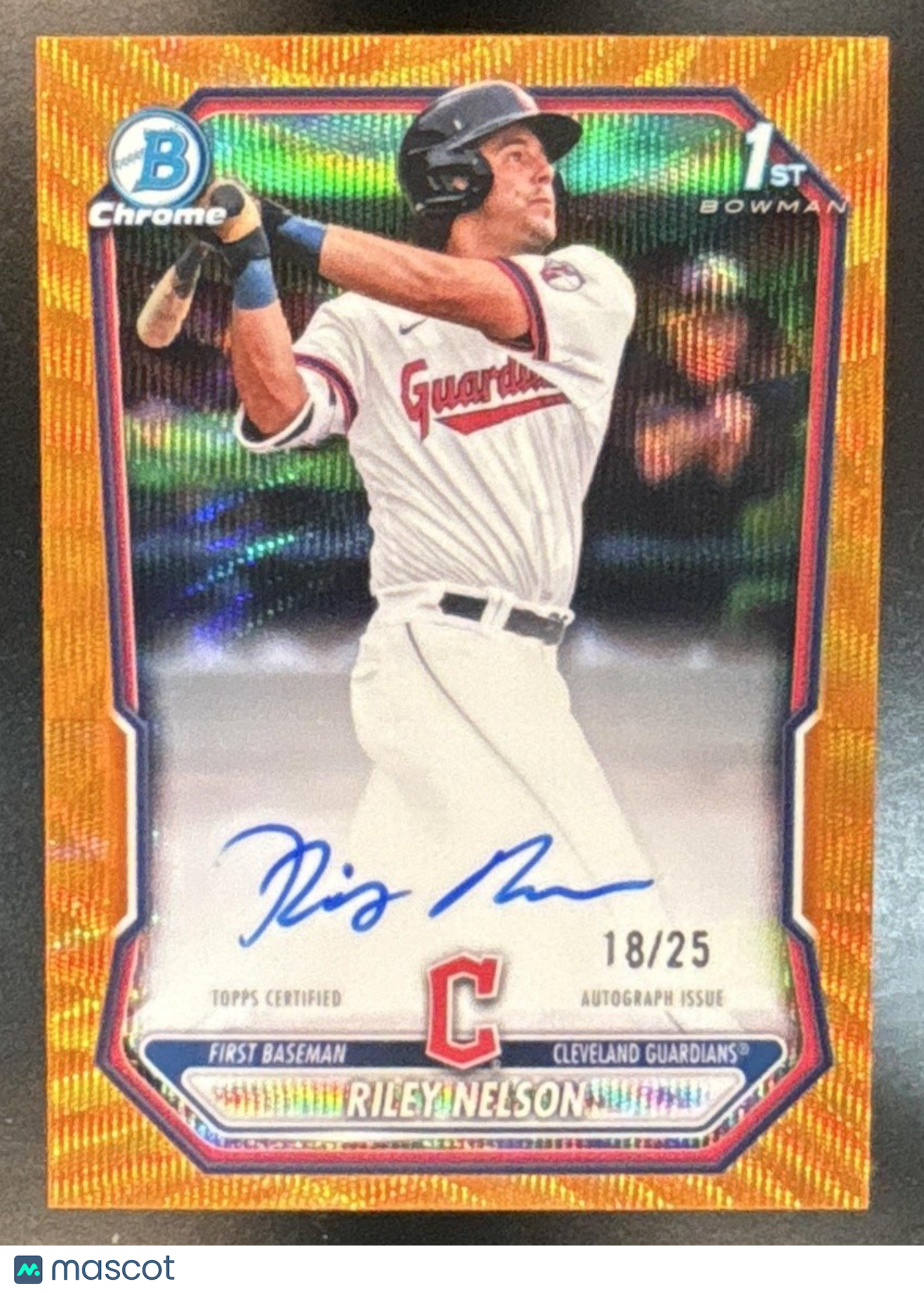 2026 Bowman Riley Nelson Chrome Auto Orange Wave /25 1st Prospect Guardians - Sports Cards