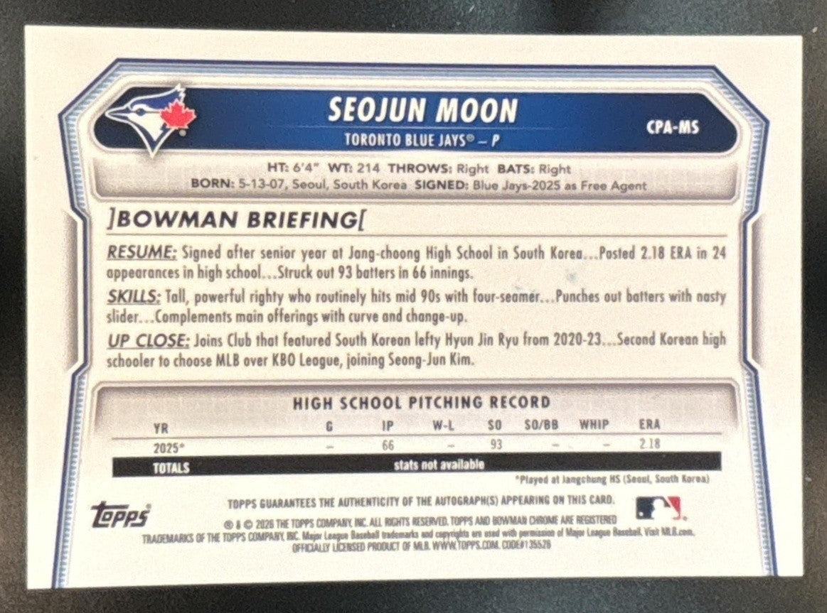 2026 Bowman Seojun Moon Chrome Auto #CPA-MS 1st Prospect Toronto Blue Jays - Sports Cards