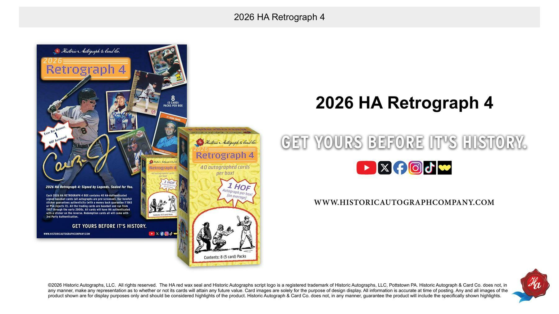 2026 Historic Autographs Retrograph 4 Baseball Hobby Box (40 Autographs including 1 HOF Auto) - Hobby Box