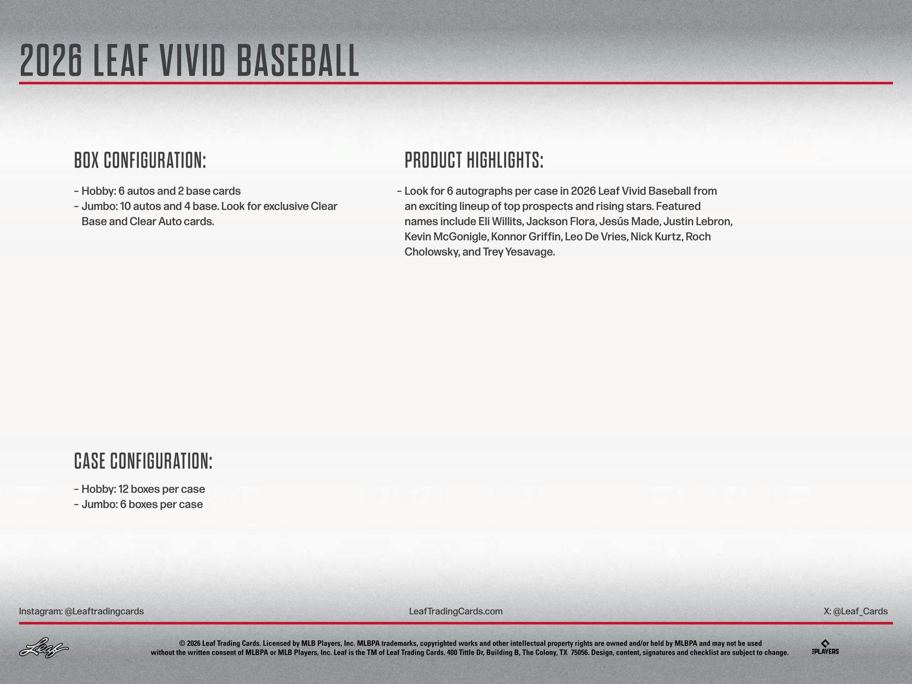 2026 Leaf Vivid Baseball Hobby Jumbo Box (10 Autos) - MLB Hobby Box