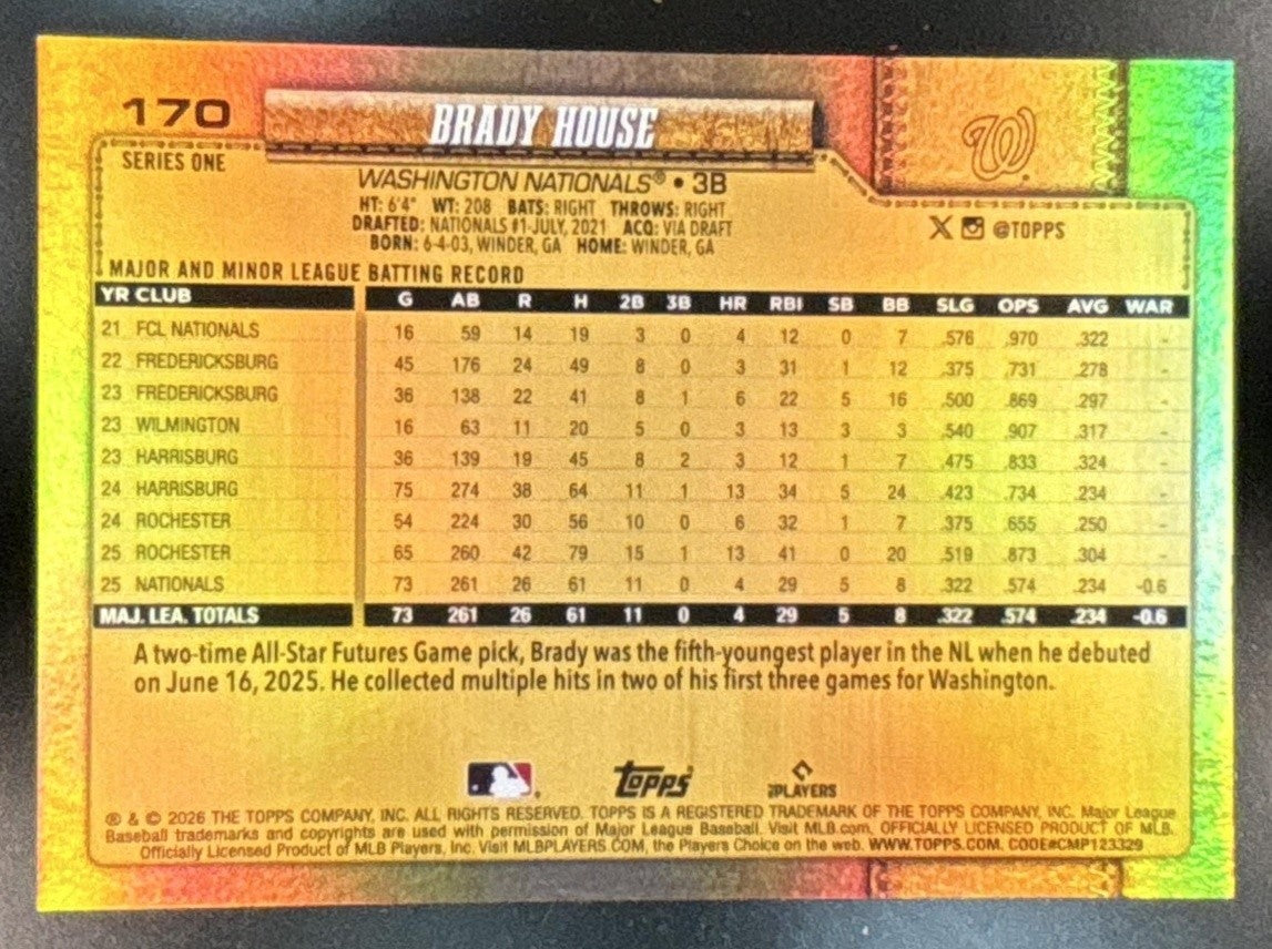 2026 Topps Brady House Golden Mirror Variation #170 RC SSP Washington Nationals - Sports Cards