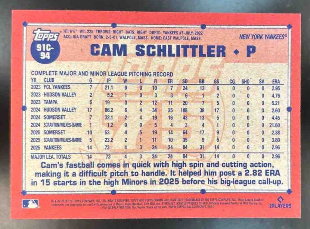 2026 Topps Cam Schlittler 1991 Chrome Silver Pack Mojo RC New York Yankees - Sports Cards