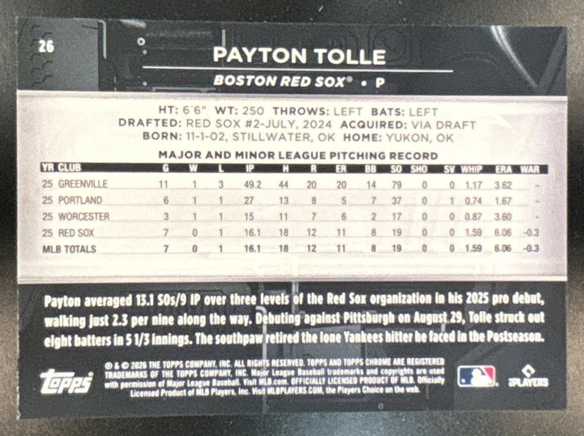 2026 Topps Chrome Black Payton Tolle Green Refractor /99 #26 RC Boston Red Sox - Sports Cards