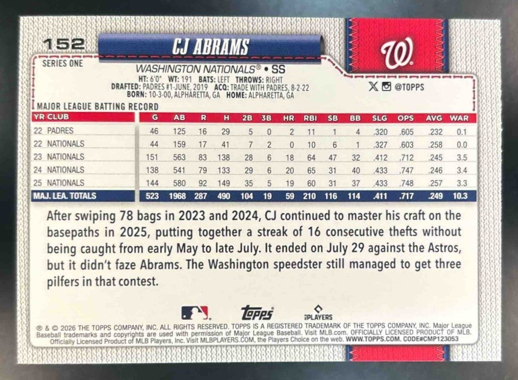 2026 Topps CJ Abrams Diamante Foil #152 Washington Nationals - Sports Cards