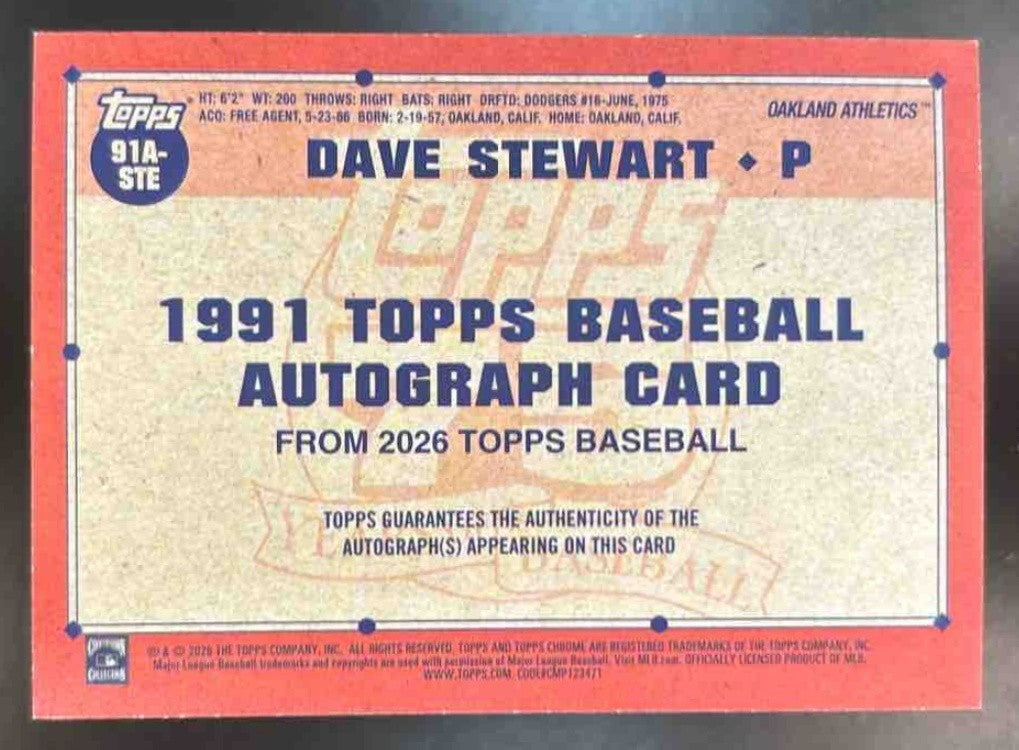 2026 Topps Dave Stewart 1991 Auto Blue /150 #91A-STE Oakland Athletics - Sports Cards
