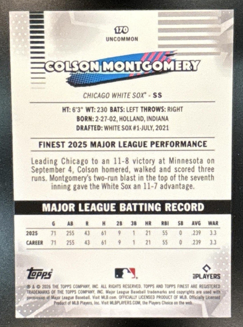 2026 Topps Finest Colson Montgomery Aqua Refractor /199 #170 RC White Sox - Sports Cards