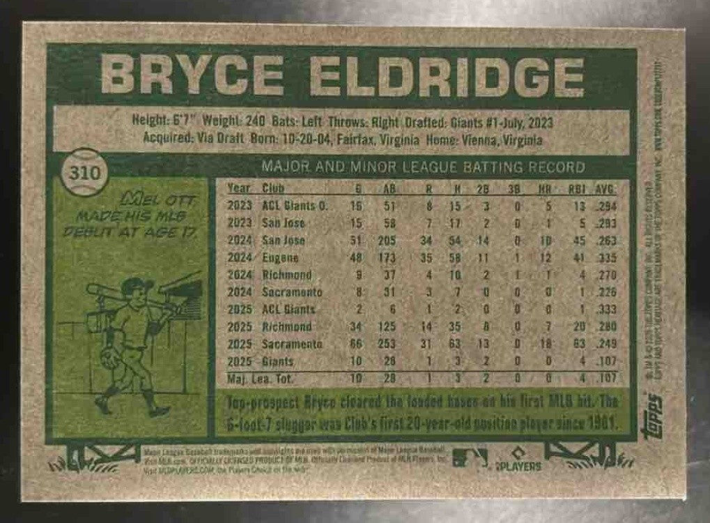 2026 Topps Heritage Bryce Eldridge Dark Yellow Border #310 RC Giants - Sports Cards
