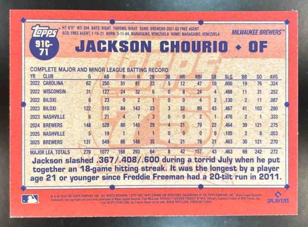 2026 Topps Jackson Chourio 1991 Chrome Silver Pack Blue Mojo /150 #91C-71 Brewer - Sports Cards