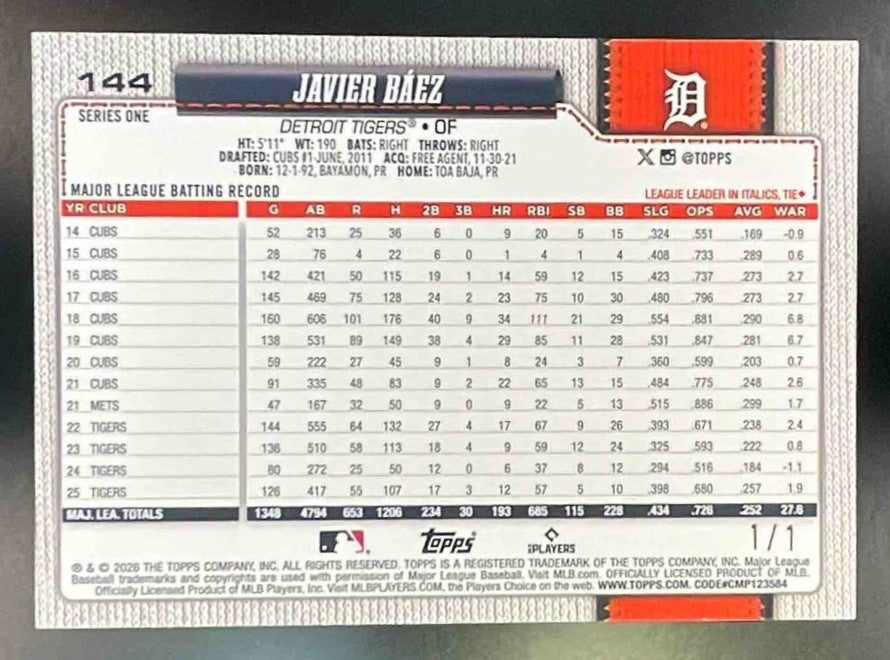 2026 Topps Javier Baez #144 Walk This Way FoilFractor 1/1 Detroit Tigers - Sports Cards