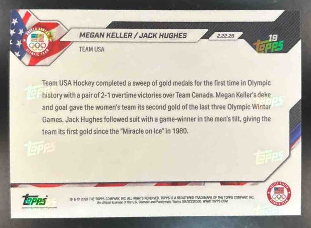 2026 Topps Now Olympic Games Megan Keller Jack Hughes #19 USA GOLD MEDAL WINNERS - Sports Cards