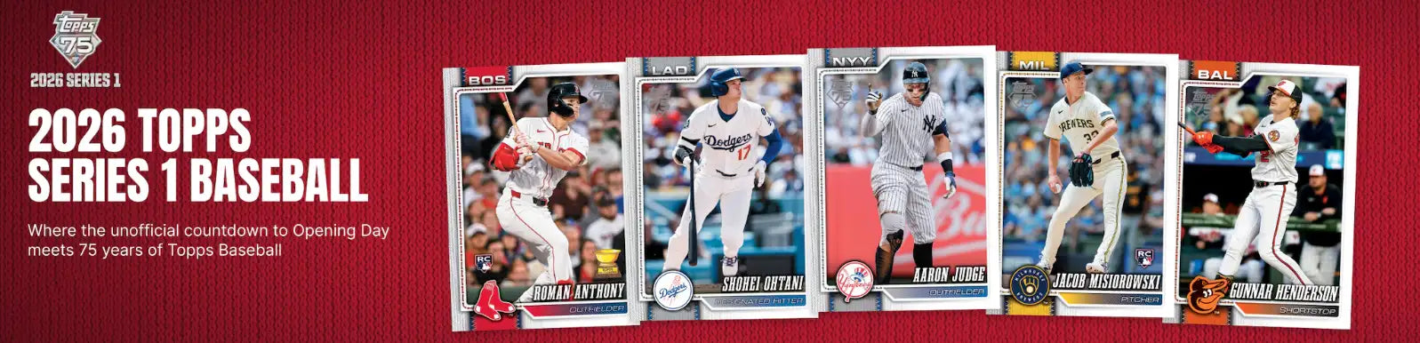 2026 topps series 1 baseball trading cards featuring players in white and gray uniforms with red, blue, or black accents.