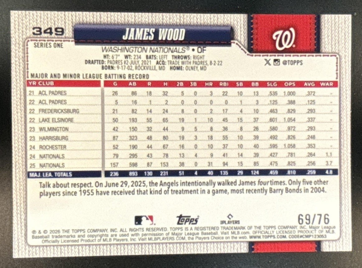 2026 Topps Series 1 James Wood Independence Day /76 #349 Washington Nationals - Sports Cards