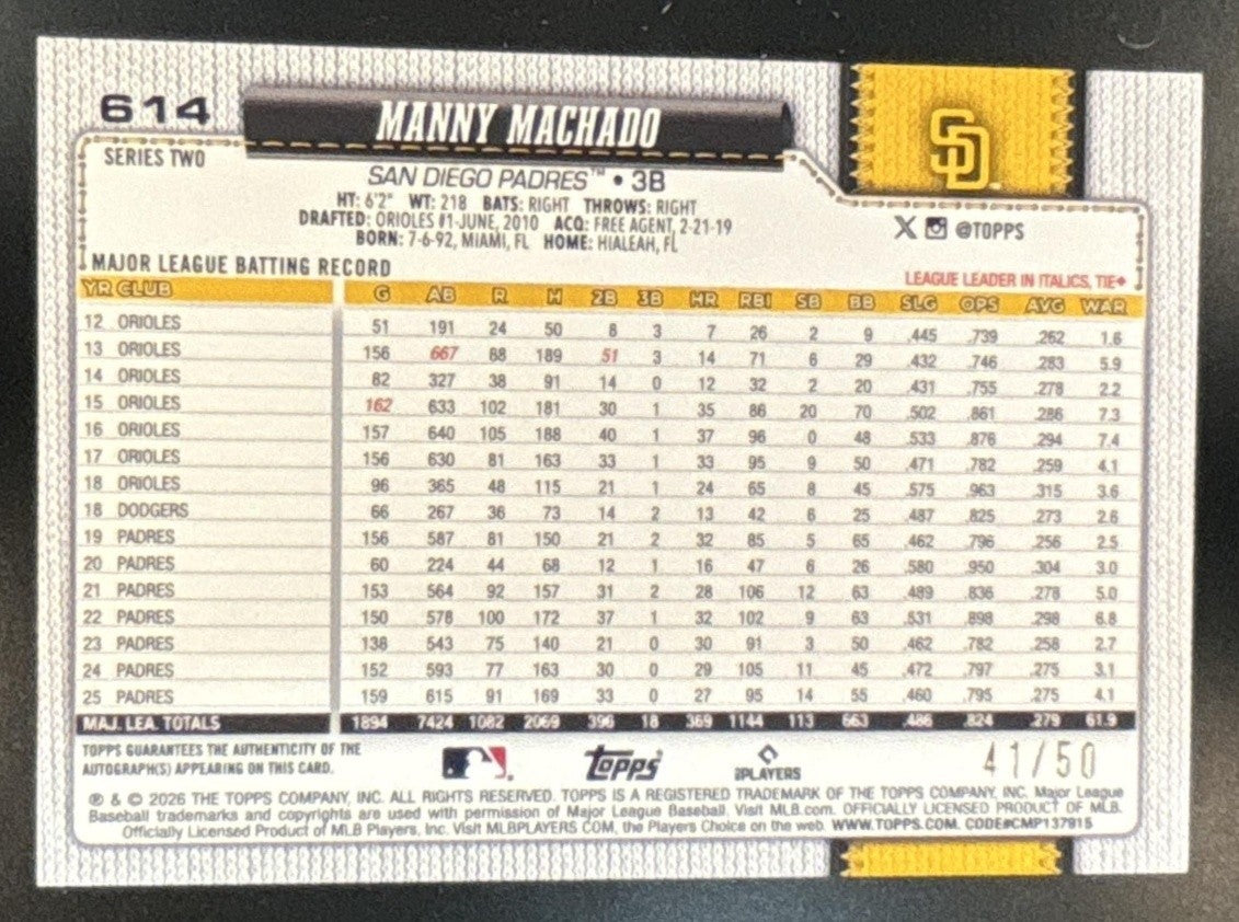 2026 Topps Series 2 Manny Machado Real One Auto Gold /50 #614 San Diego Padres - Sports Cards