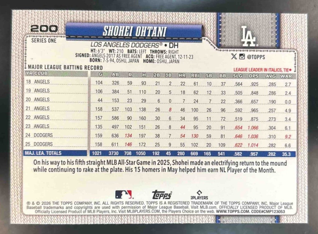 2026 Topps Shohei Ohtani Sandglitter #200 Los Angeles Dodgers - Sports Cards