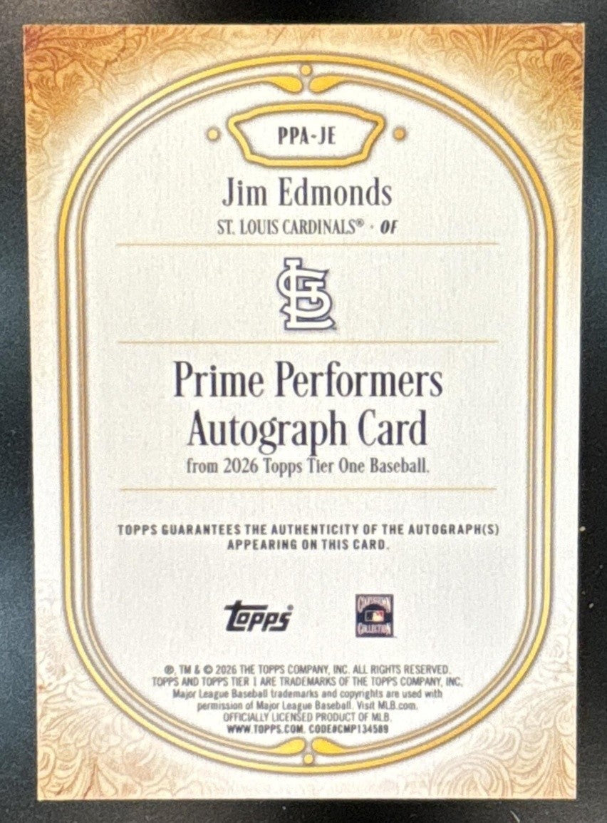 2026 Topps Tier One Jim Edmonds Prime Performers Auto /199 St. Louis Cardinals - Sports Cards