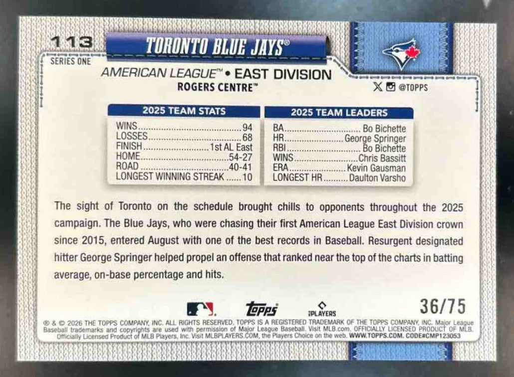 2026 Topps Toronto Blue Jays Black Border /75 #113 Team Card - Sports Cards