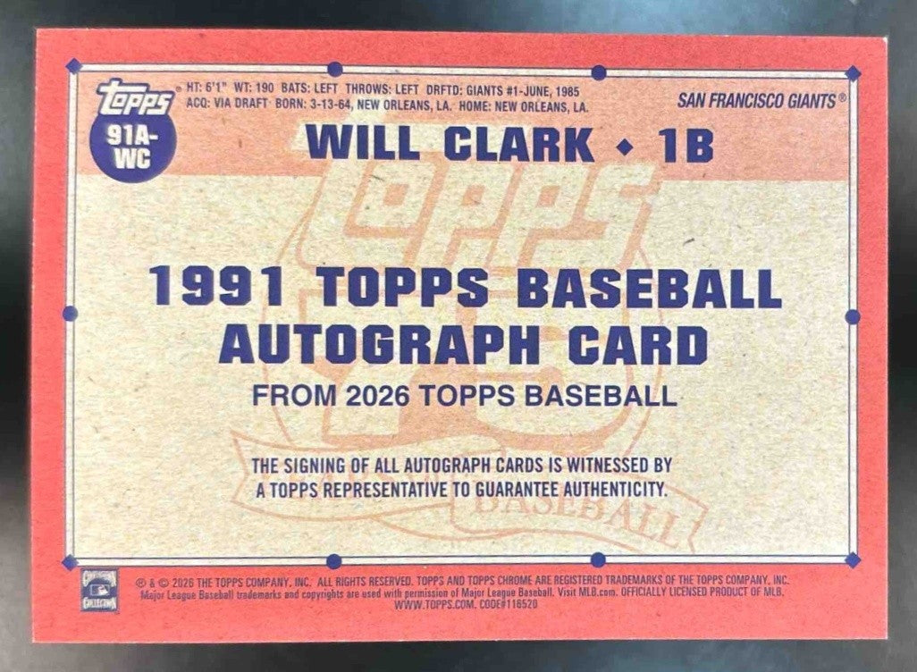 2026 Topps Will Clark 1991 Auto Red /5 #91A-WC San Francisco Giants - Sports Cards
