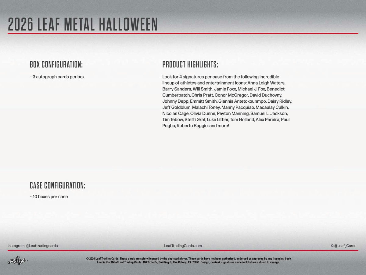 2026 Leaf Metal Halloween Hobby Box (3 Autos) Multi-Sport Entertainment