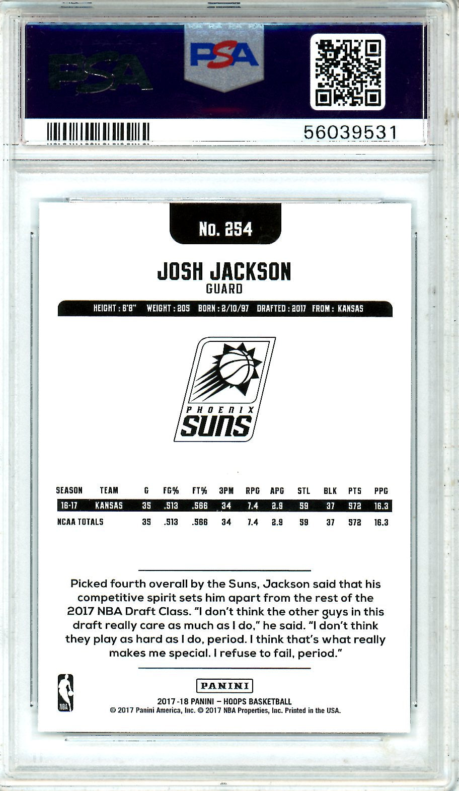 2017 Panini Hoops Josh Jackson Teal Explosion Rookie #254 PSA 10 GEM MINT