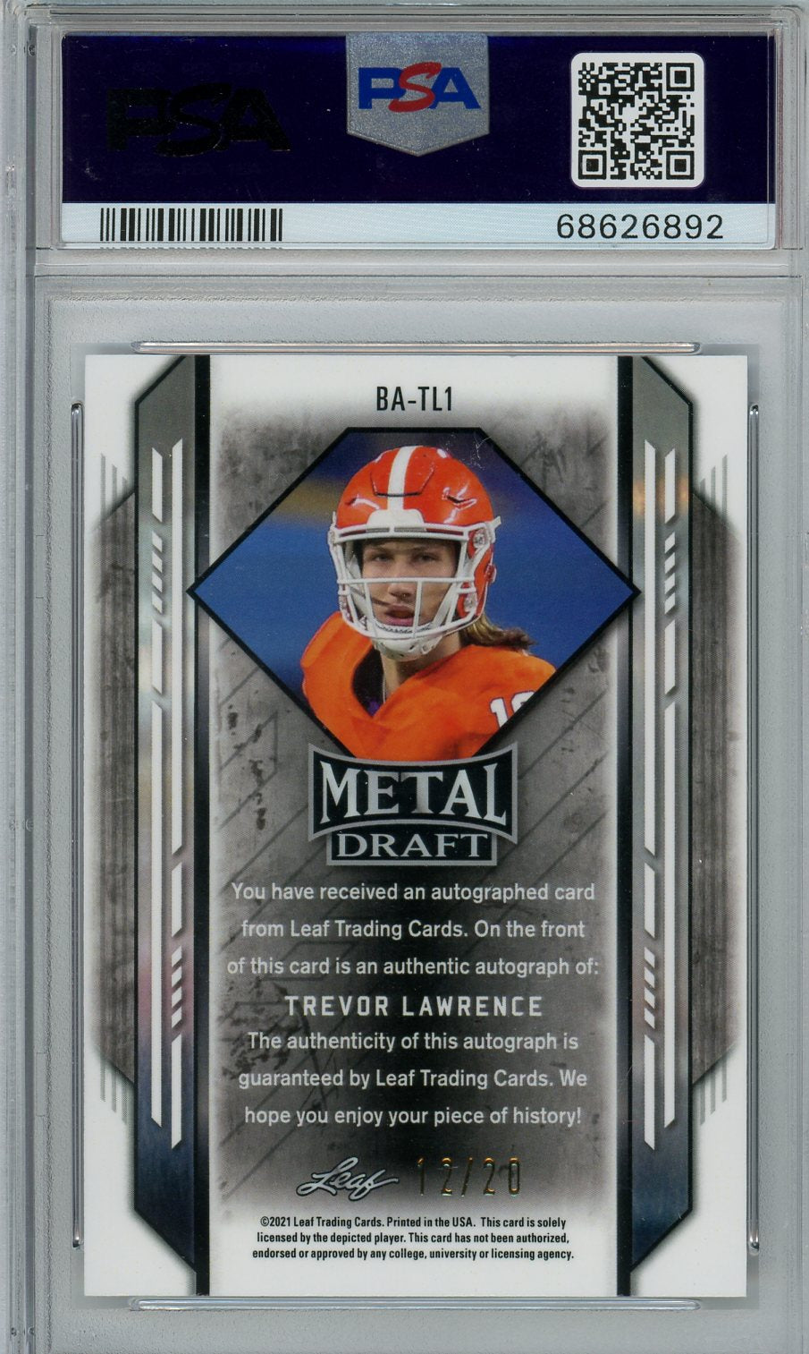 2021 Leaf Metal Draft Autographs Trevor Lawrence Purple Crystal Rookie/20 PSA 9