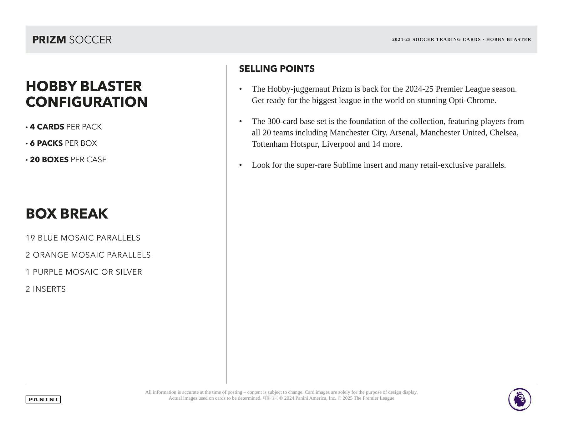 Hobby 2024/25 Panini Prizm Premier League EPL Soccer Hobby Blaster Box (Blue / Orange Inserts)