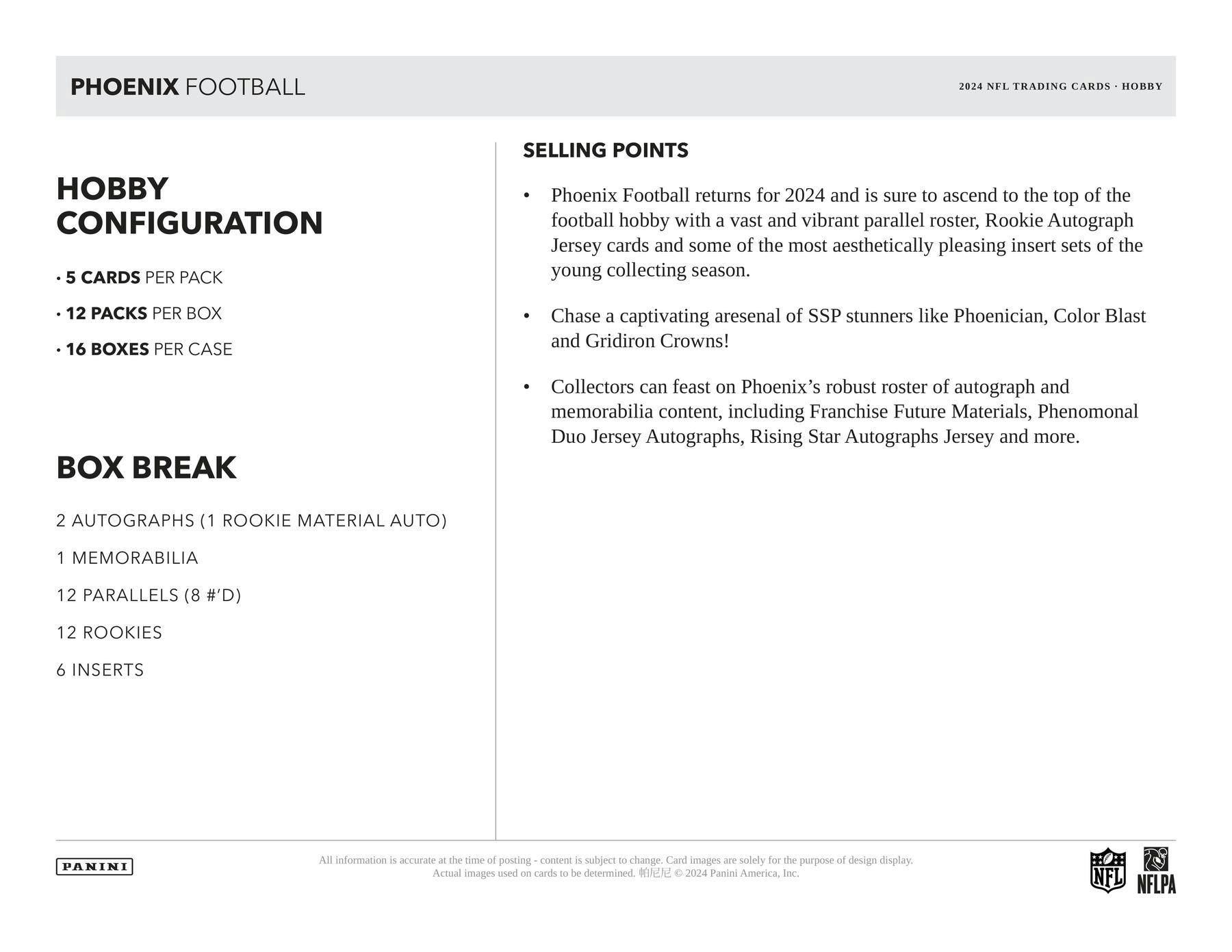 2024 Panini Phoenix Football Hobby Box (2 Autos / 1 Mem)