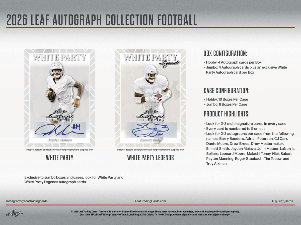 2026 Leaf Autograph Collection Football Hobby Box (4 Autos)