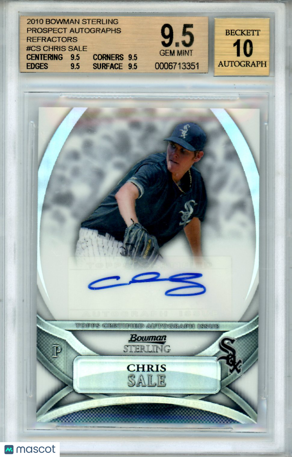 2010 Bowman Sterling Propsect Autographs Refractors Chris Sale BGS 9.5