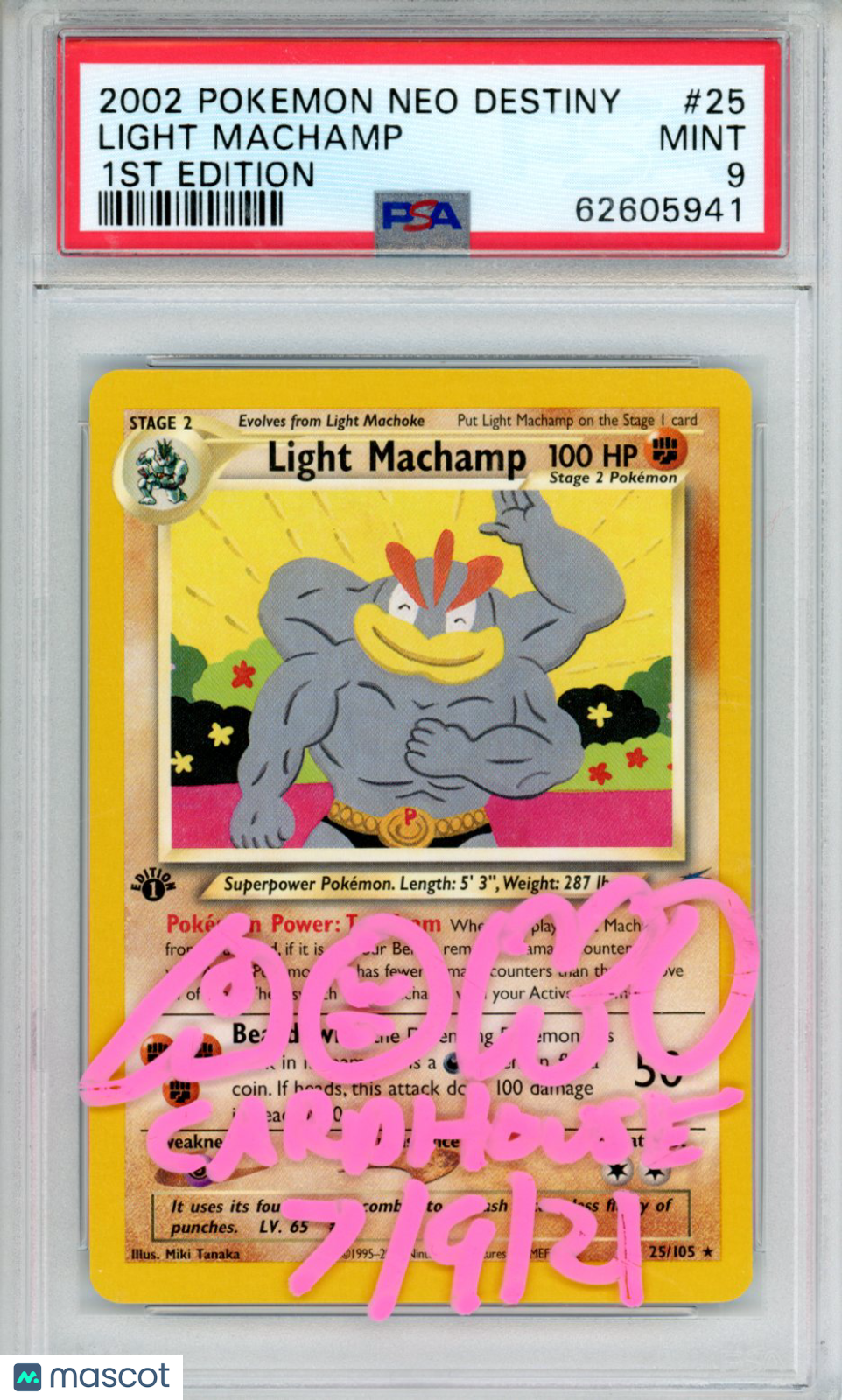 2002 Pokemon Neo Destiny Light Machamp #25 AOKI Signature 1st Edition PSA 9 MINT