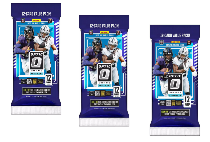 3 Packs of 2025 Panini Optic Football Jumbo Value (Green Velocity) Fat Pack - Ripped (Schedule Persy) - NFL Blaster Box