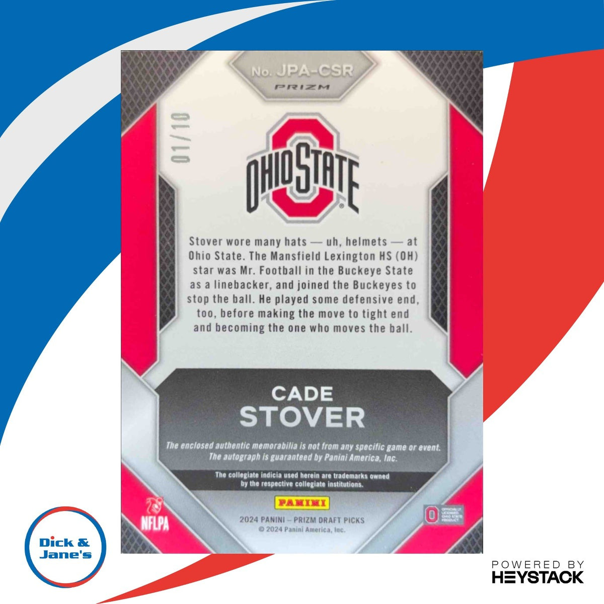 2024 Panini Prizm Draft Picks Jumbo Rookie Patch Autographs Gold Cade Stover /10