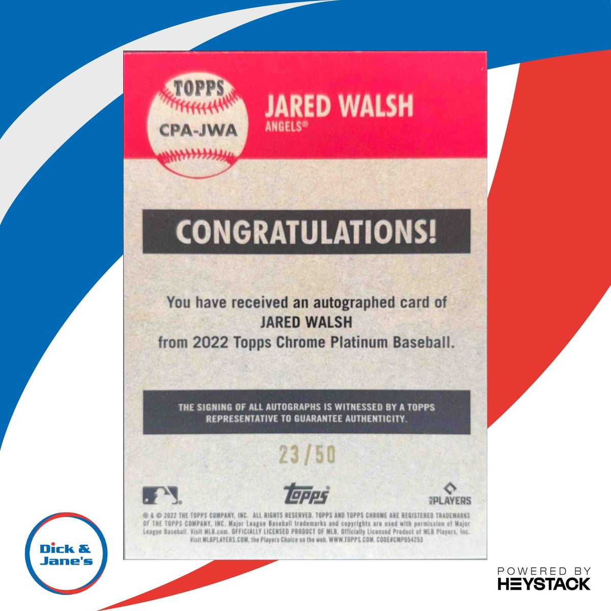 2022 Topps Chrome Platinum Anniversary Jared Walsh Auto Gold Refractor 23/50