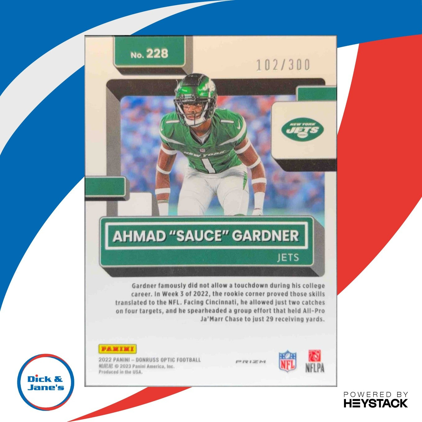 2022 Donruss Optic Ahmad "Sauce" Gardner Wave 102/300 #228 RC Jets Rated Rookie