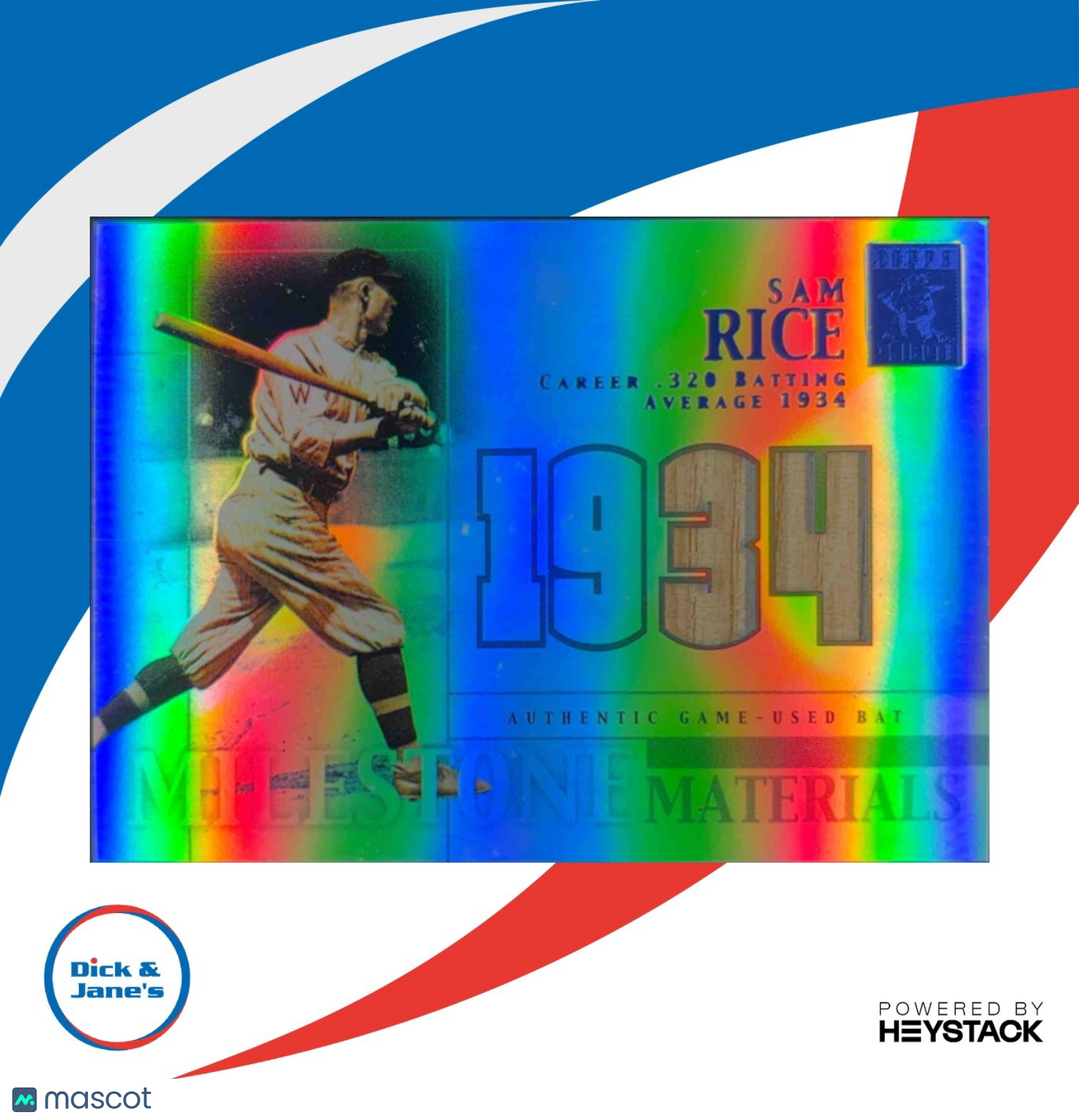 2002 Topps Tribute Sam Rice Milestone Materials Season Bat 29/34 Washington