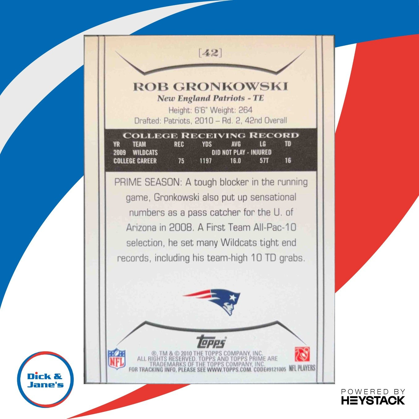 2010 Topps Prime Rob Gronkowski Retail #42 RC New England Patriots