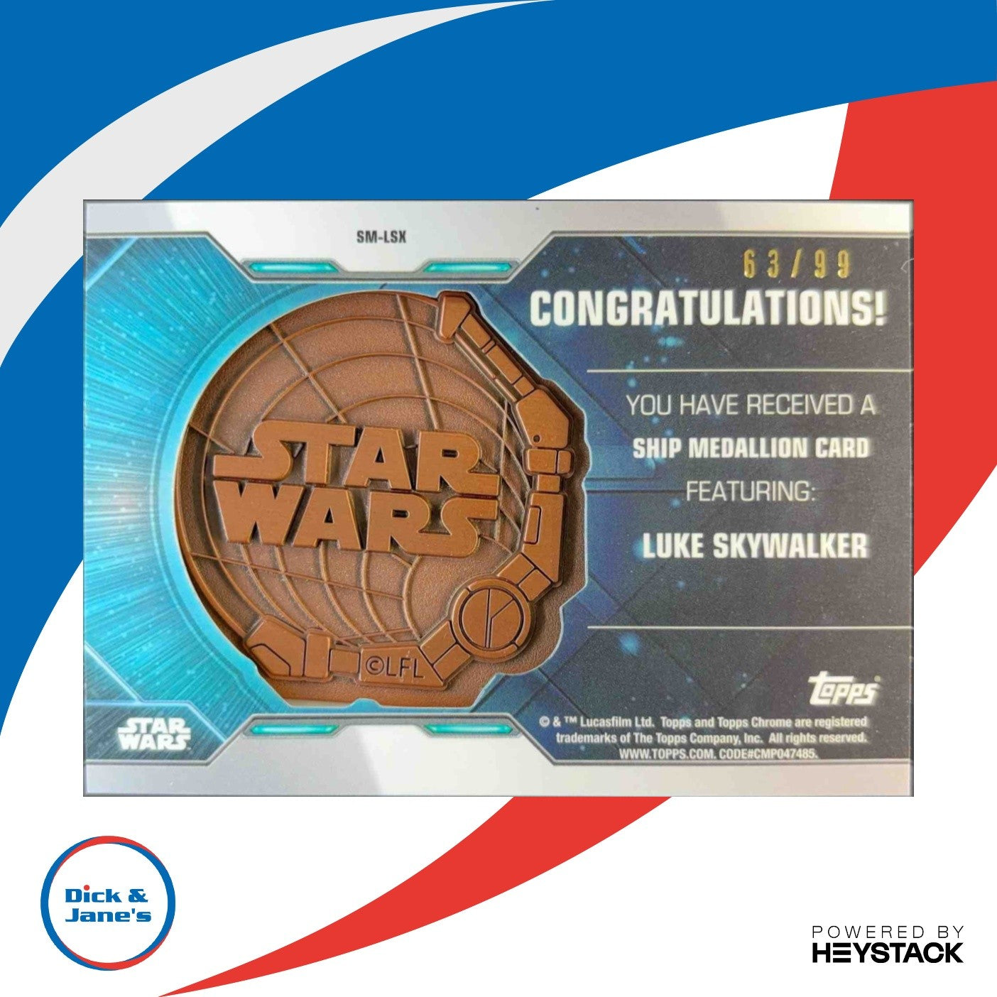 2021 Topps Chrome Star Wars Legacy Luke Skywalker Comm Ship Medallion LSX 63/99