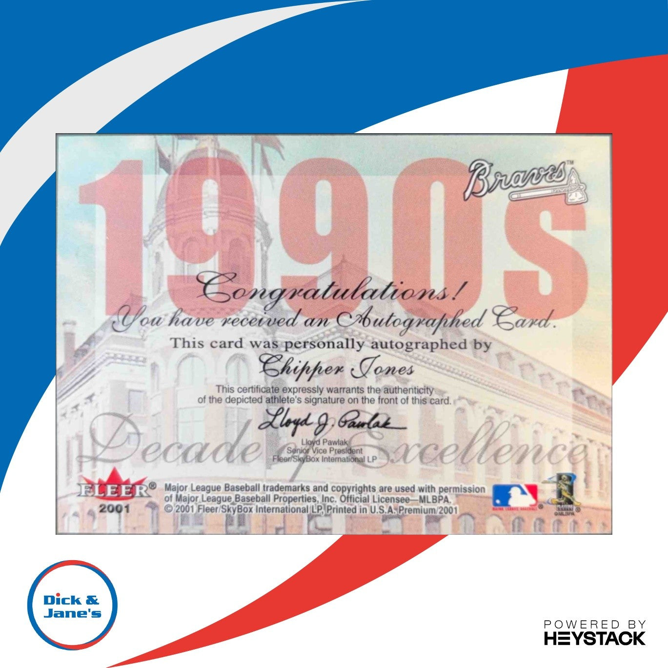 2001 Fleer Premium Chipper Jones Decades of Excellence Auto 90/93 Atlanta Braves