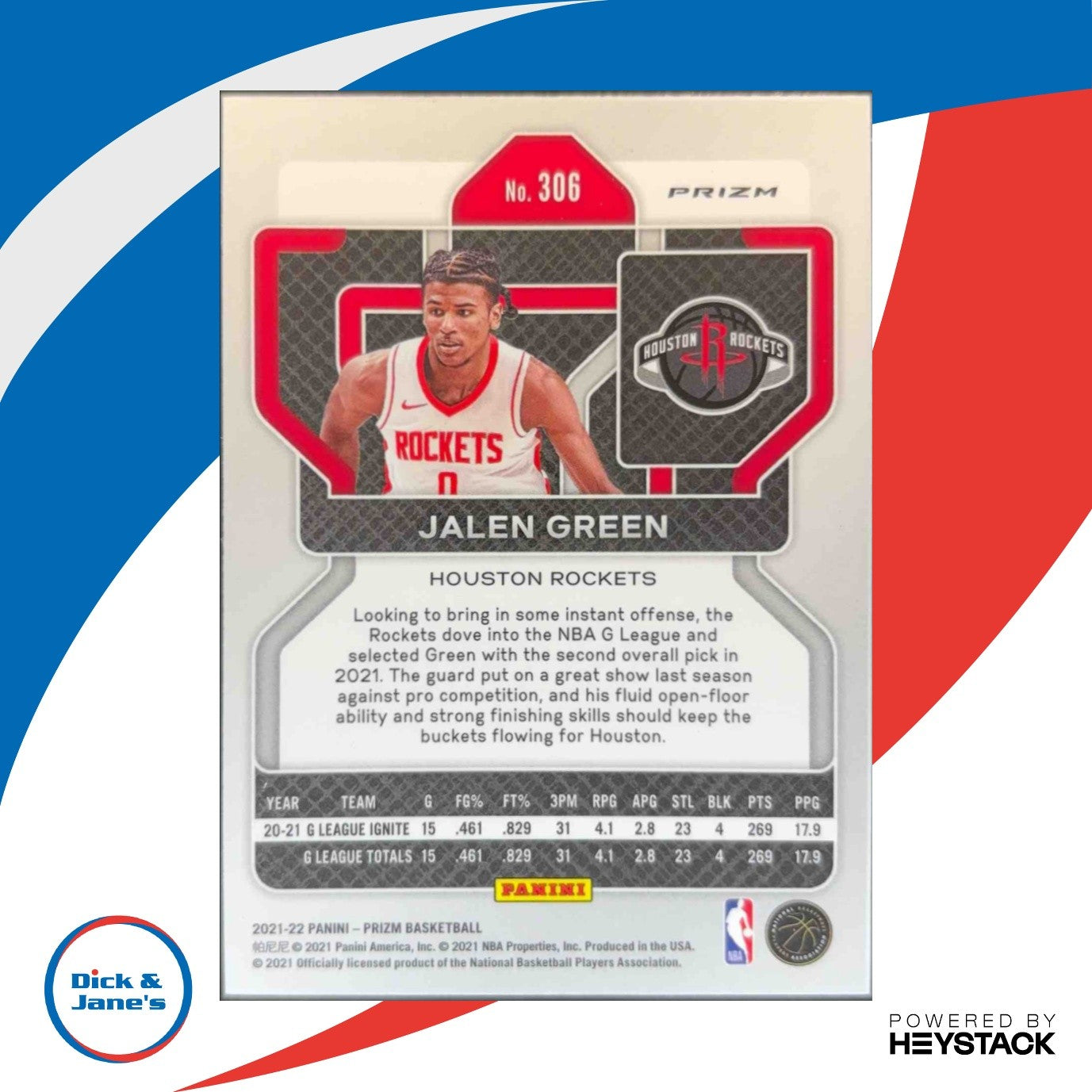 2021-22 Panini Prizm Jalen Green Red White and Blue #306 RC Houston Rockets
