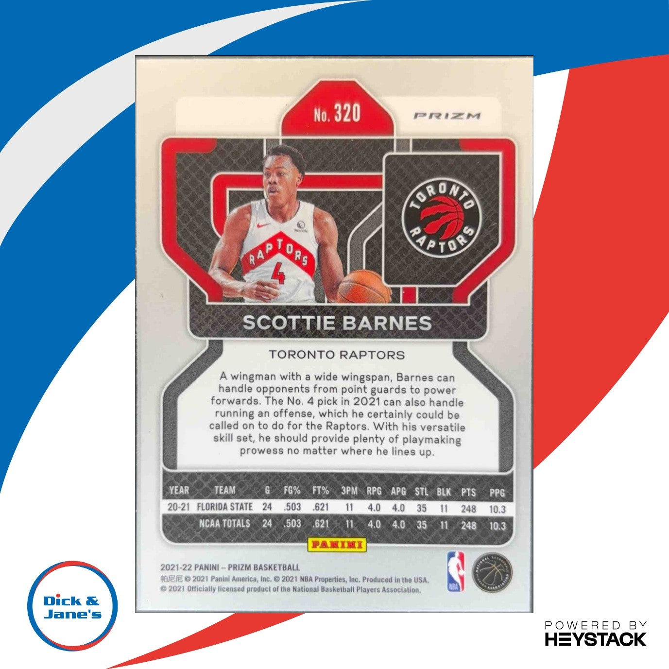 2021-22 Panini Prizm Scottie Barnes Red White and Blue #320 RC Toronto Raptors
