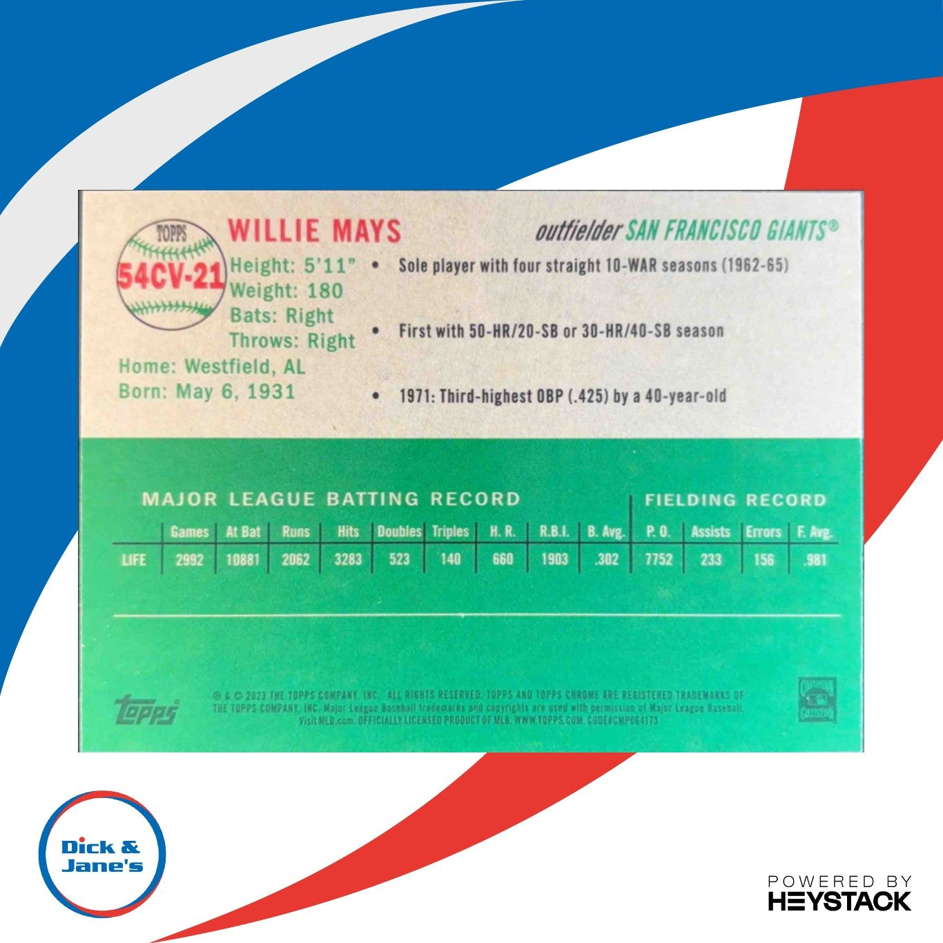 2023 Topps Chrome Platinum Anniversary Willie Mays 1954 City Variation SF Giants