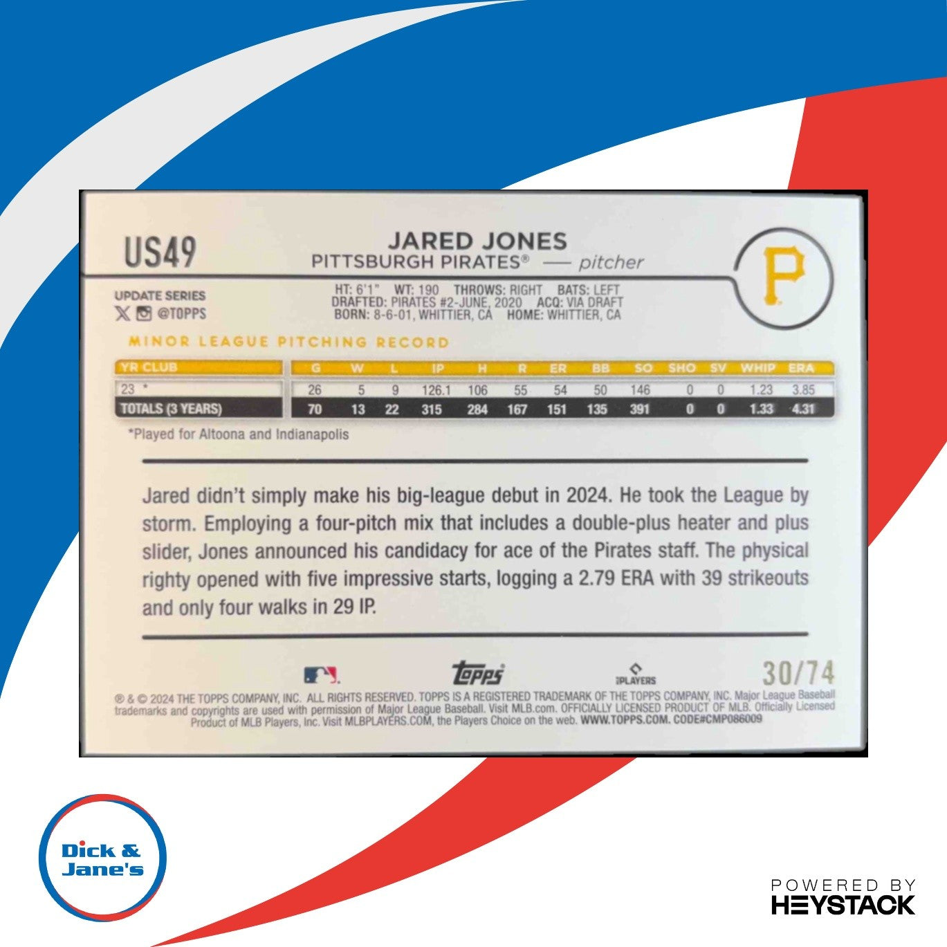 2024 Topps Update Jared Jones Black 30/74 #US49 RC Pittsburgh Pirates