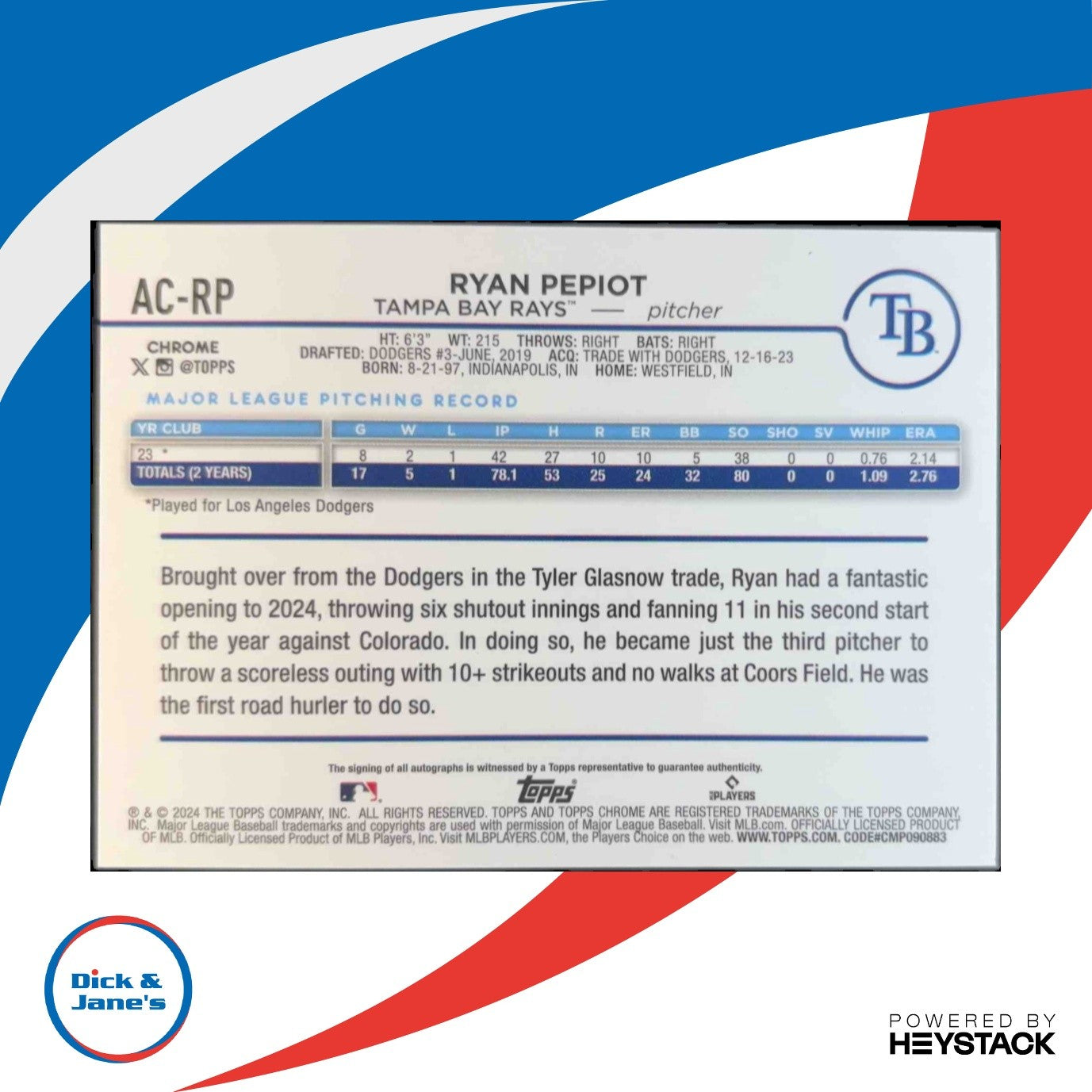 2024 Topps Chrome Update Ryan Pepiot Auto Purple Refractor 12/250 Tampa Bay Rays