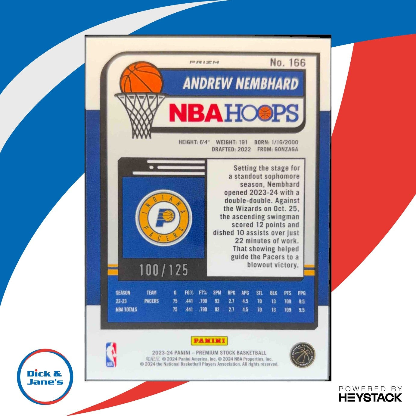 2023-24 Hoops Premium Stock Andrew Nembhard Orange Ice Prizm 100/125 Pacers