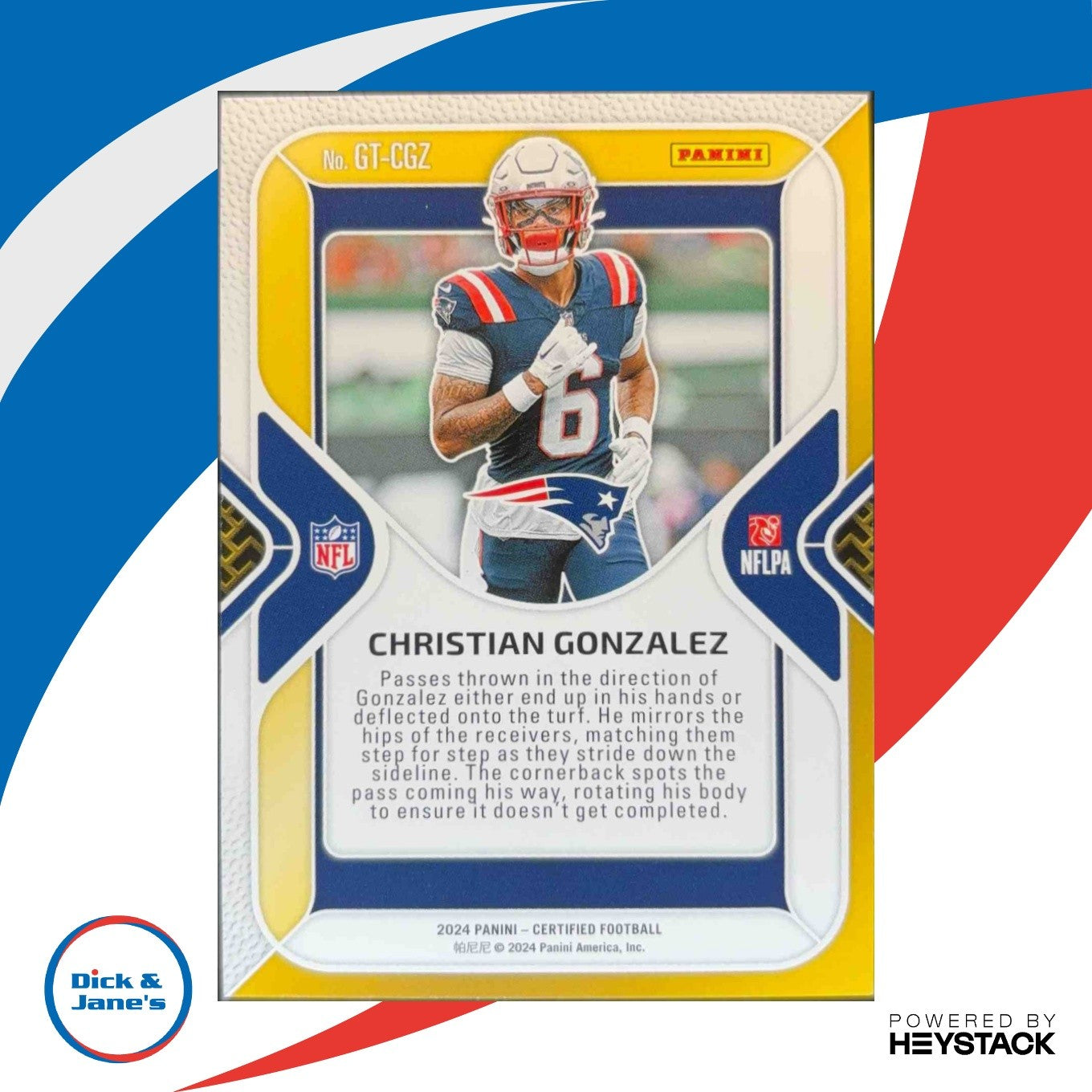2024 Panini Certified Christian Gonzalez Gold Team Blue Mirror 7/75 Patriots